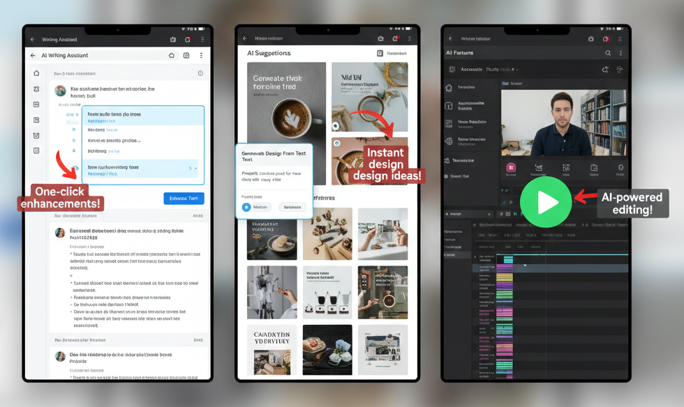A clear view of three AI content creation tools—an AI writing assistant, a design idea generator, and an AI video editor used by creators to work faster and smarter in 2025.